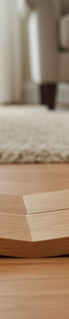 Close-up of a hand using a pinless moisture meter on a visibly cupped hardwood floor, showing raised edges and uneven planks.