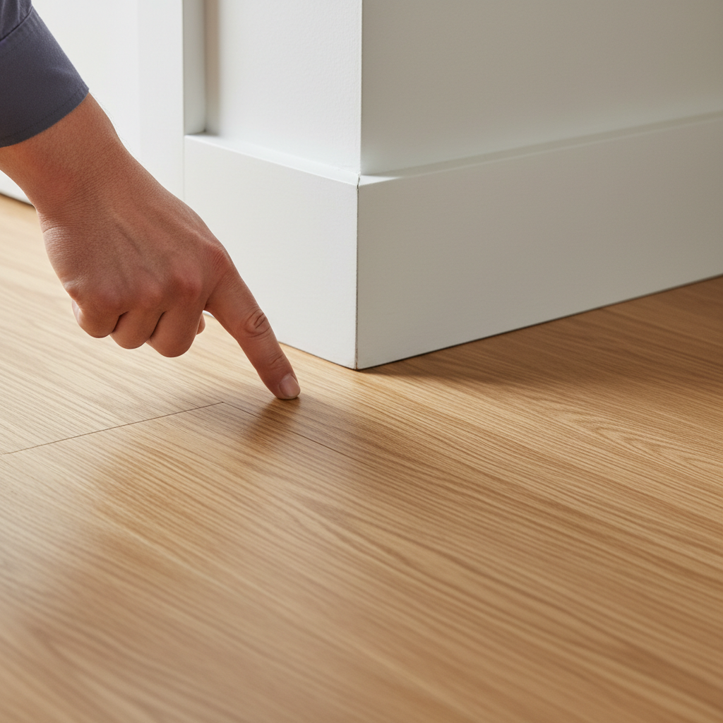 Contractor pointing to buckled hardwood floor near a baseboard, showing a common problem with raised floorboards.