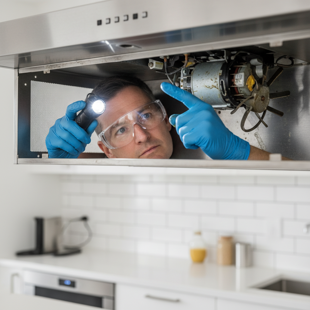 Homeowner inspecting the inside of a range hood fan, looking for obstructions or a seized motor.