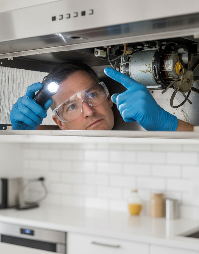 Homeowner inspecting the inside of a range hood fan, looking for obstructions or a seized motor.