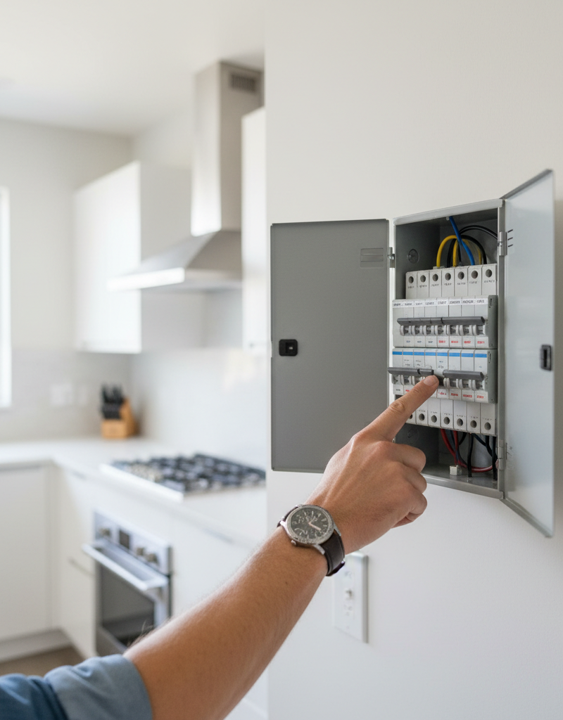 Homeowner checking the electrical panel circuit breaker for a dead range hood fan