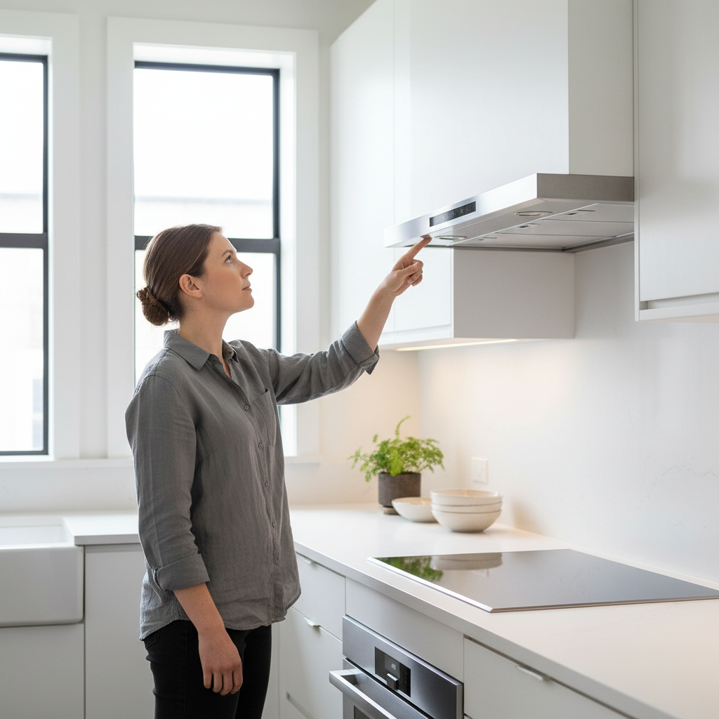 Homeowner inspecting a range hood fan above a stove, checking for power issues or clogged filters.