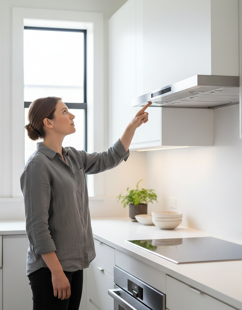 Homeowner inspecting a range hood fan above a stove, checking for power issues or clogged filters.