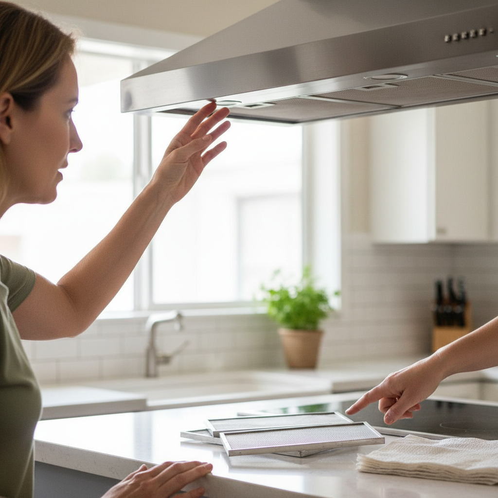 Homeowner inspecting range hood fan blades and cleaned grease filters on a kitchen counter.