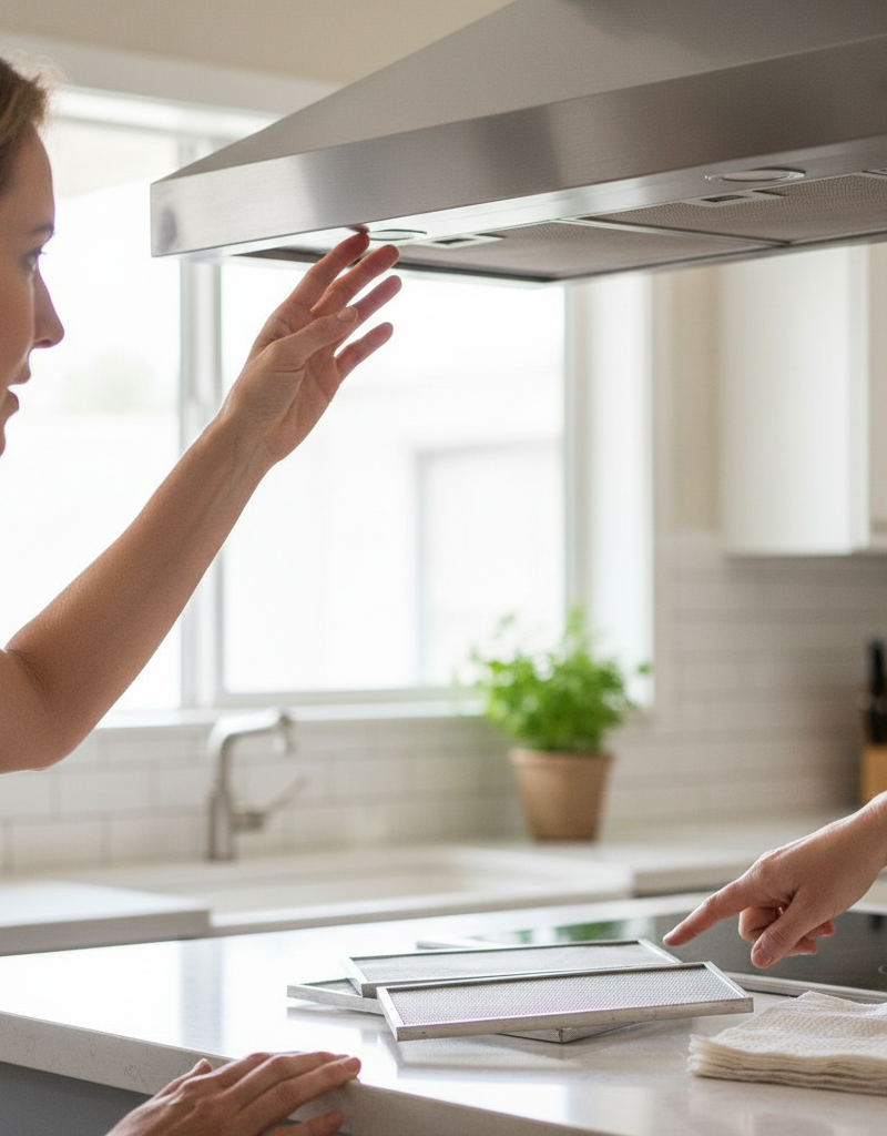 Homeowner inspecting range hood fan blades and cleaned grease filters on a kitchen counter.