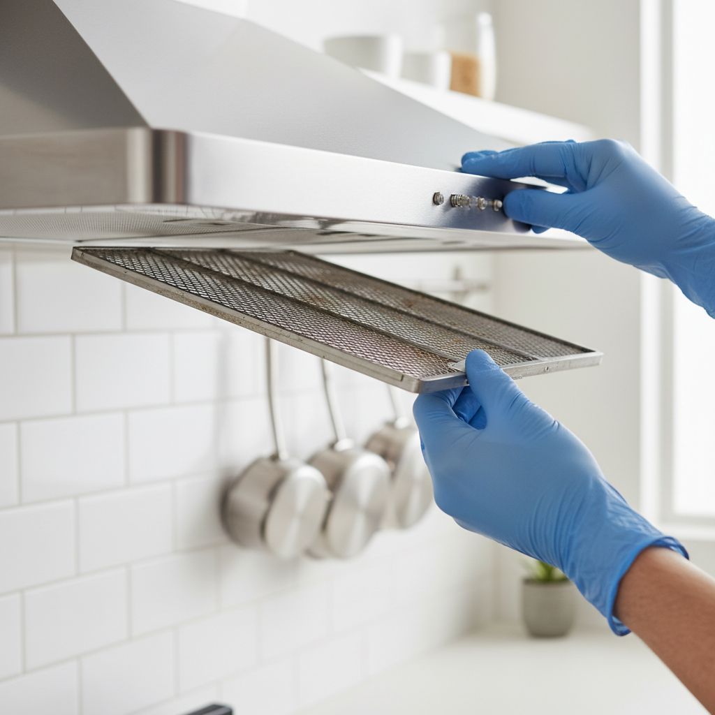 Hands removing a grease filter from a stainless steel range hood for cleaning or inspection.