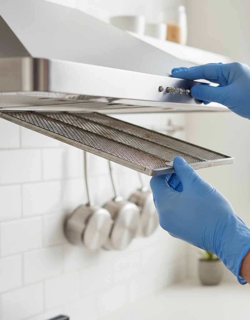 Hands removing a grease filter from a stainless steel range hood for cleaning or inspection.