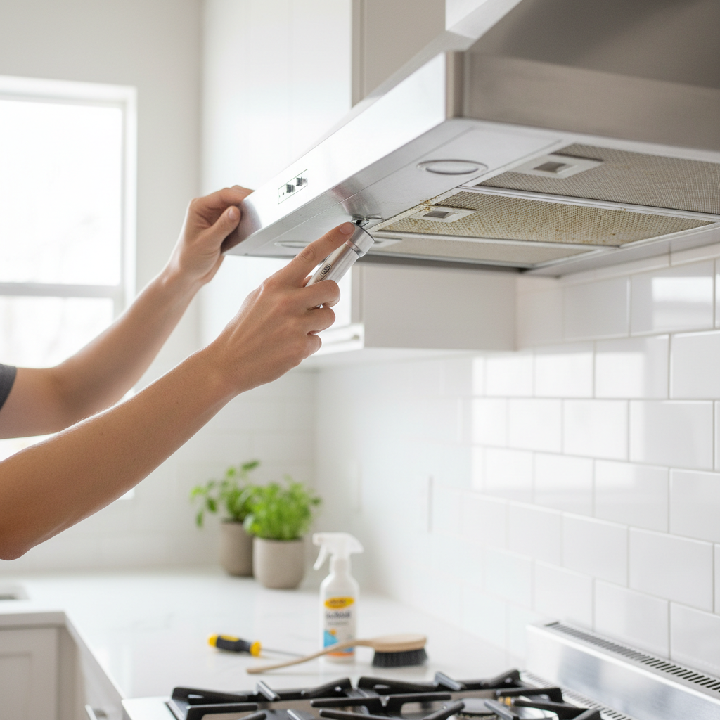 Homeowner inspecting and cleaning the grease filter of a stainless steel range hood.