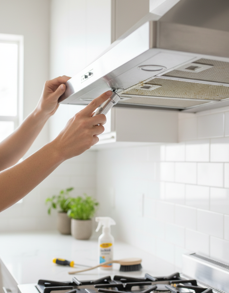 Homeowner inspecting and cleaning the grease filter of a stainless steel range hood.