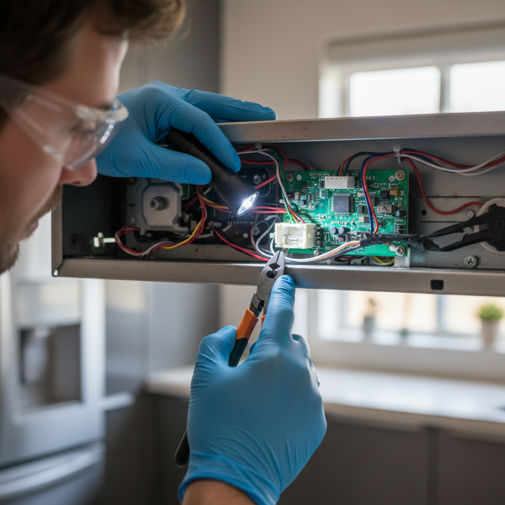 Homeowner troubleshooting a range hood fan by inspecting internal wiring and fuses.