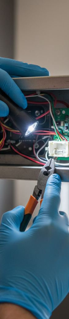 Homeowner troubleshooting a range hood fan by inspecting internal wiring and fuses.