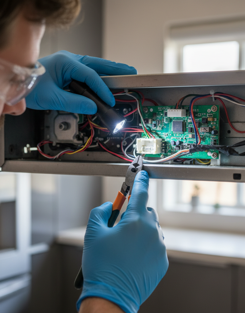 Homeowner troubleshooting a range hood fan by inspecting internal wiring and fuses.