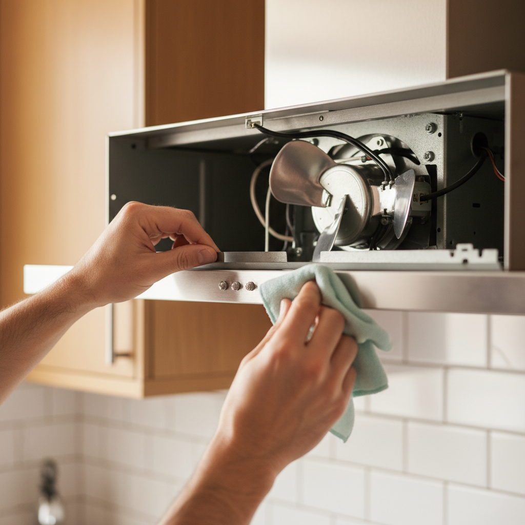 Homeowner inspecting range hood fan blades for grease buildup or obstructions