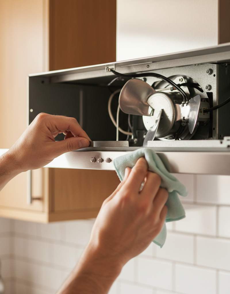 Homeowner inspecting range hood fan blades for grease buildup or obstructions