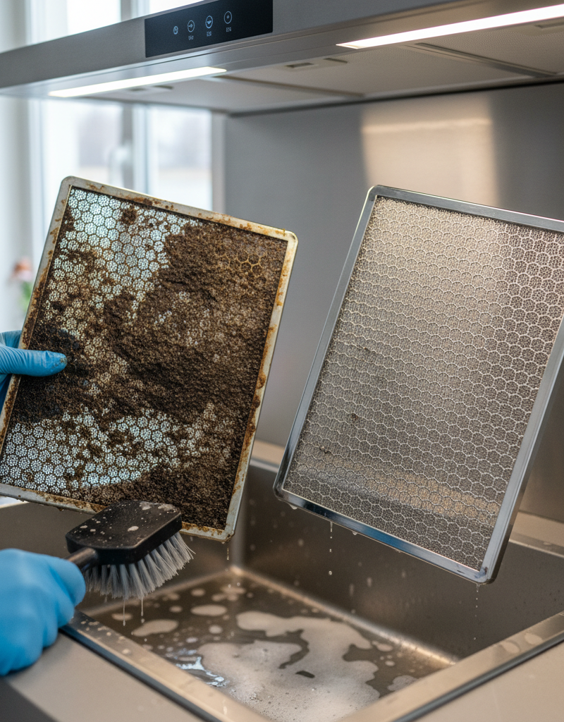 Dirty, greasy mesh range hood filter next to a sparkling clean one in a kitchen setting.