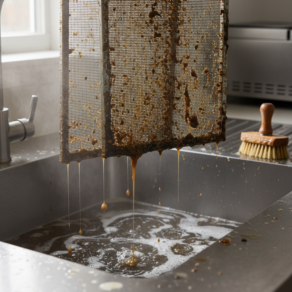 Heavily greased metal mesh range hood filters being deep cleaned in a sink of hot, soapy water.