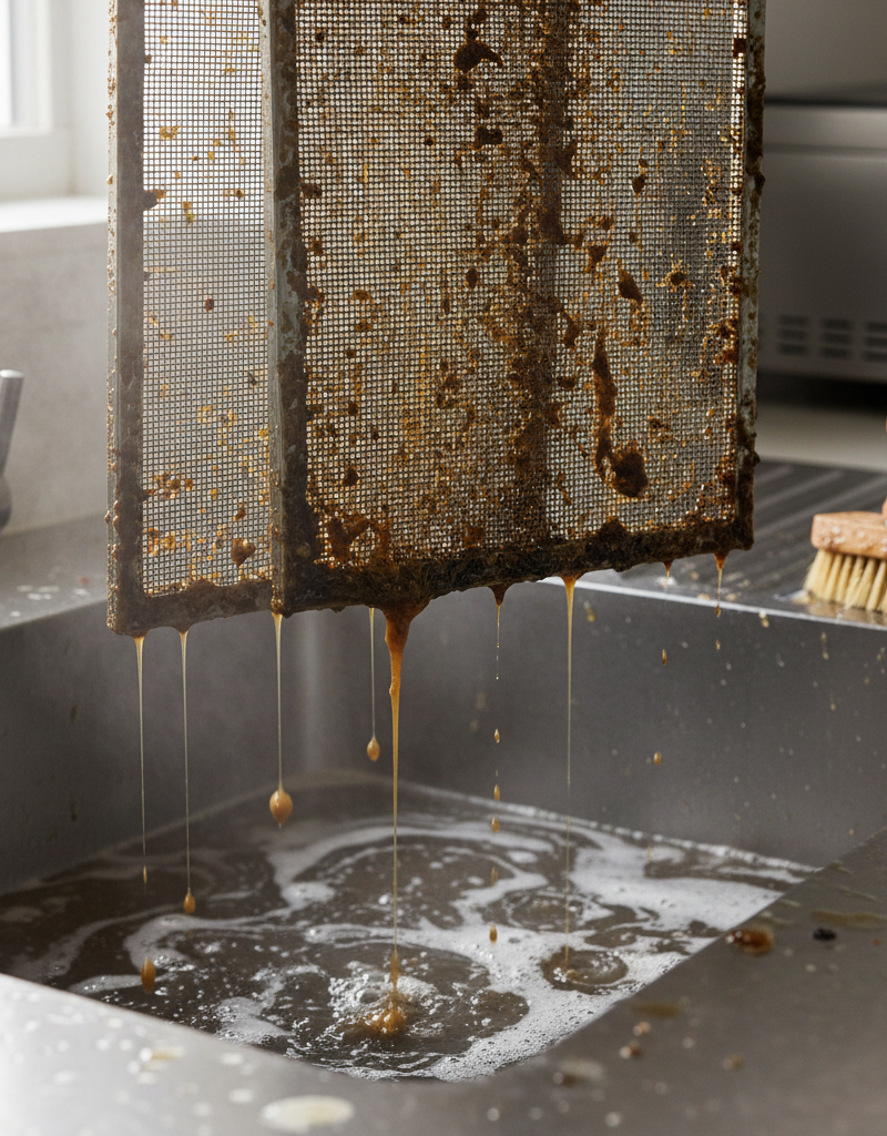 Heavily greased metal mesh range hood filters being deep cleaned in a sink of hot, soapy water.