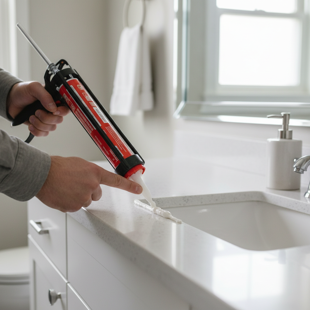 Close up of hands applying new caulk around a white bathroom sink