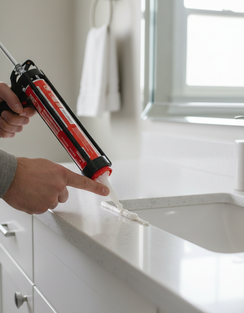 Close up of hands applying new caulk around a white bathroom sink