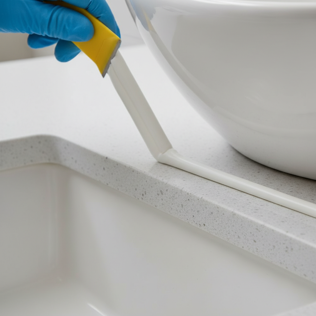 Perfectly applied white silicone caulk bead sealing a bathroom sink to a countertop.