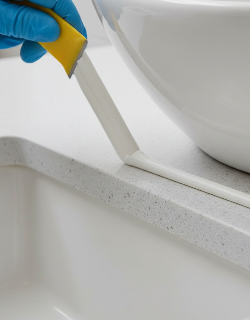 Perfectly applied white silicone caulk bead sealing a bathroom sink to a countertop.