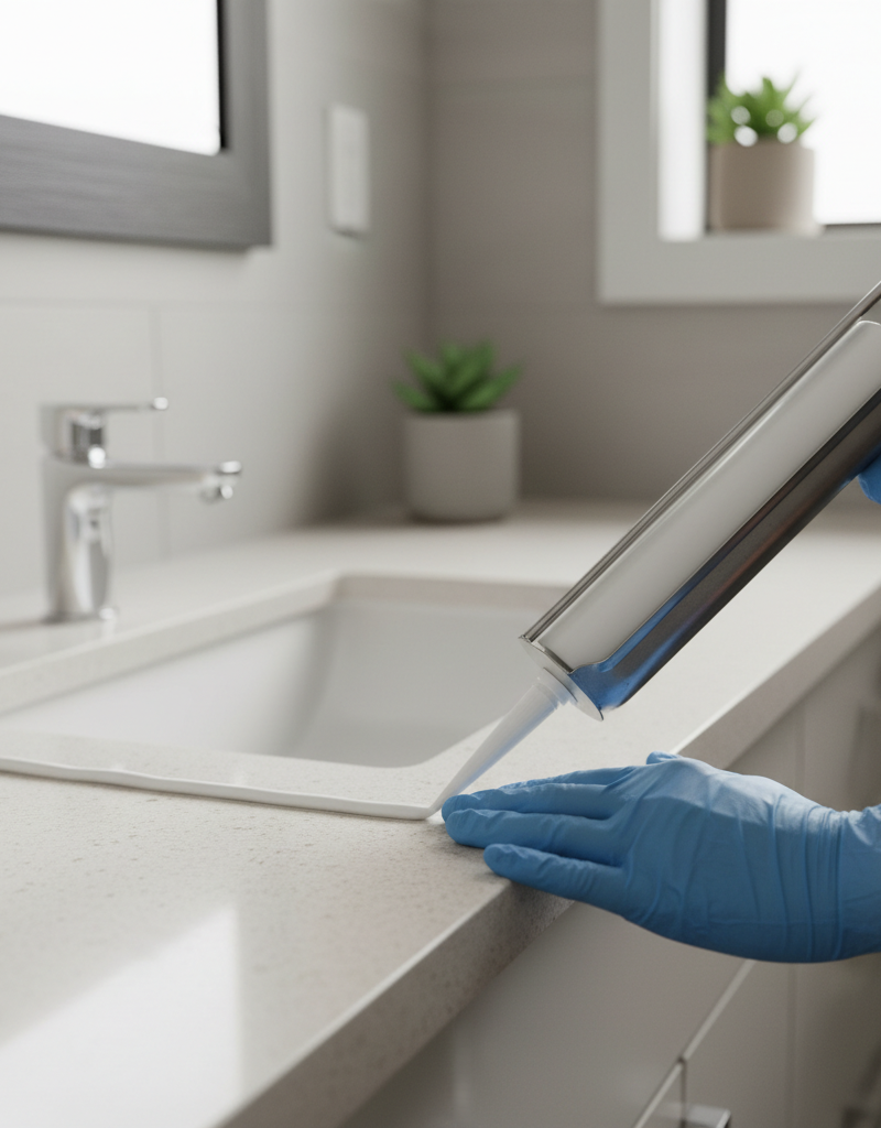 Homeowner applying a smooth bead of white silicone caulk around a clean bathroom sink, sealing it to the countertop.