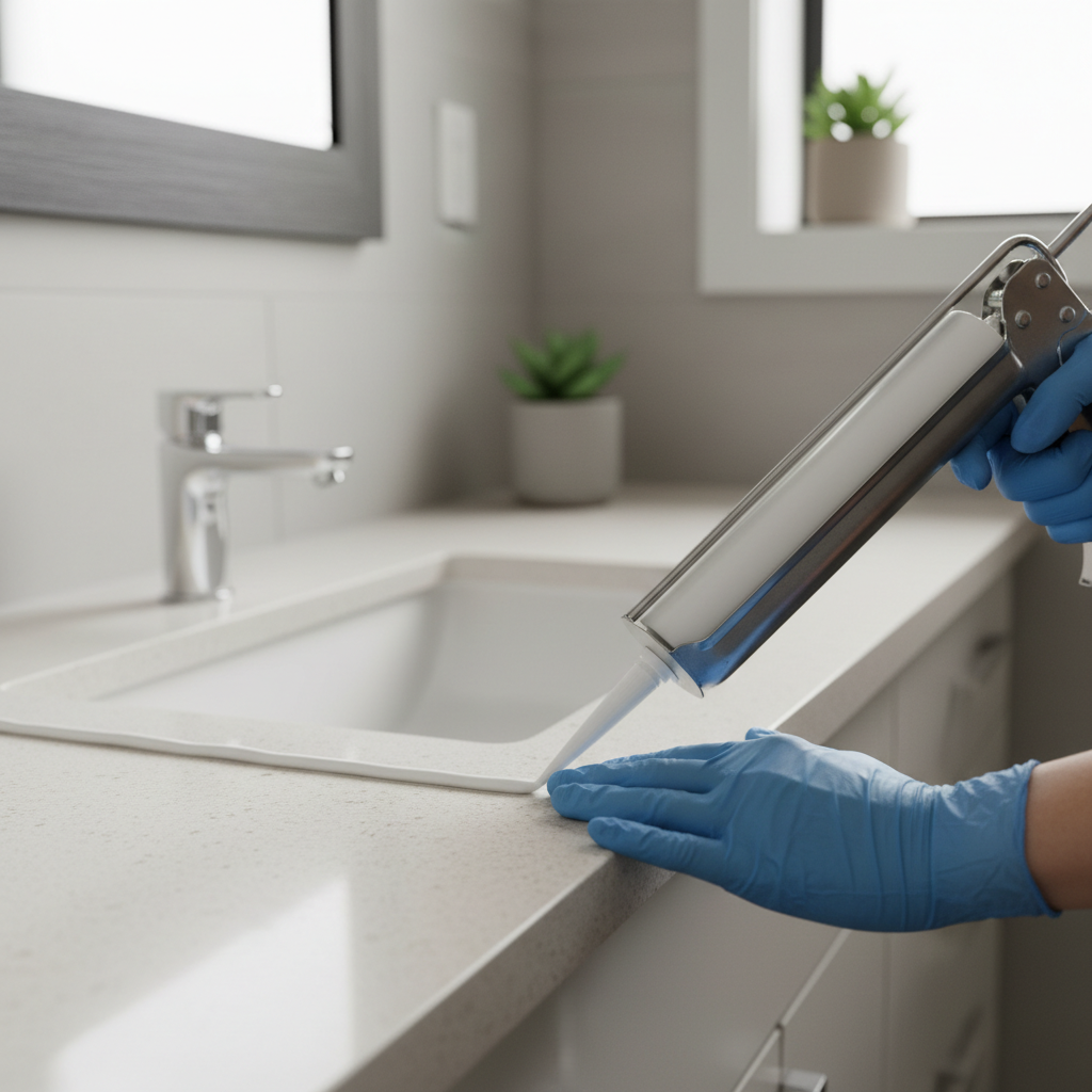 Homeowner applying a smooth bead of white silicone caulk around a clean bathroom sink, sealing it to the countertop.