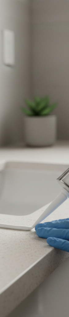 Homeowner applying a smooth bead of white silicone caulk around a clean bathroom sink, sealing it to the countertop.