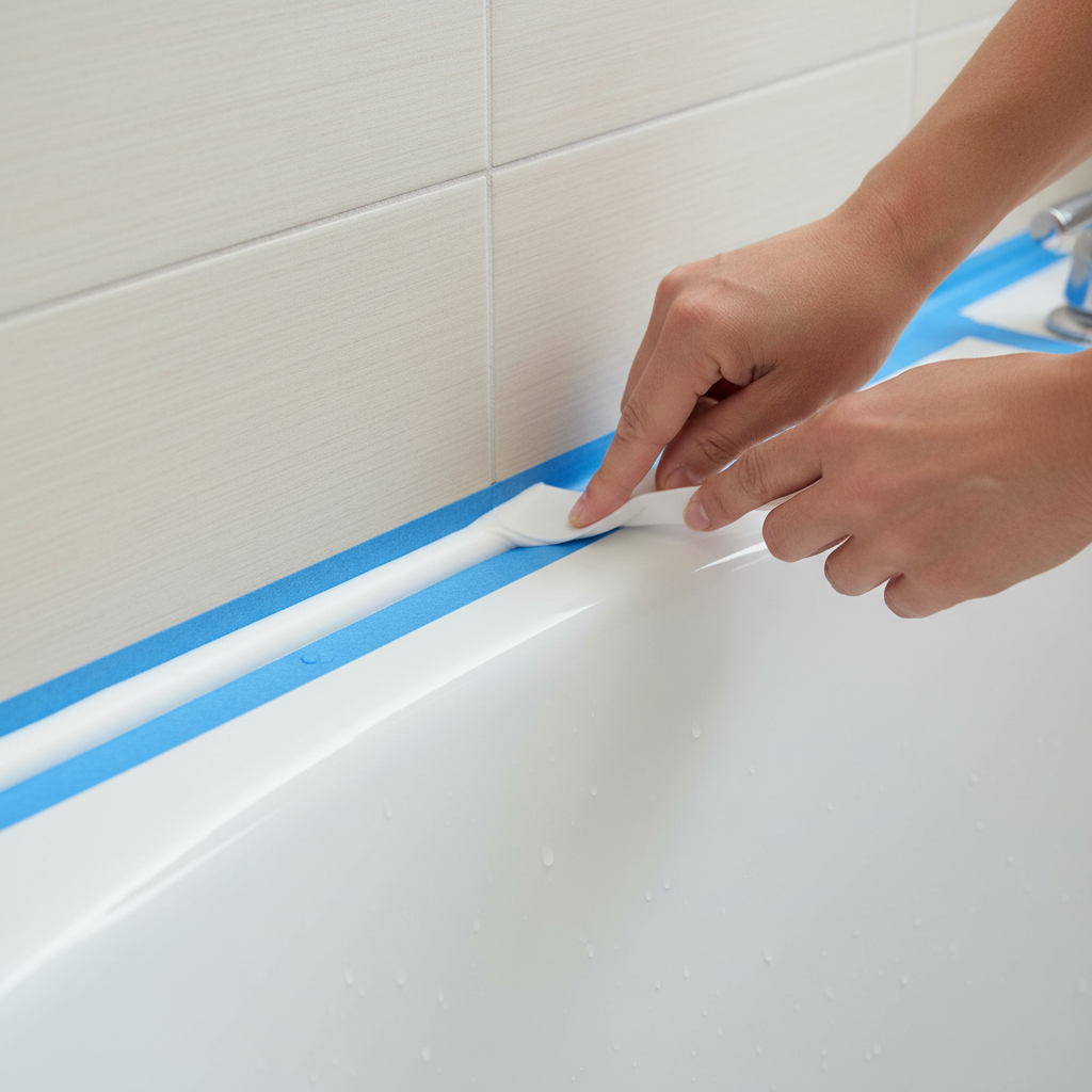 Hands tooling fresh white silicone caulk on a bathtub seam with blue painter's tape for clean lines