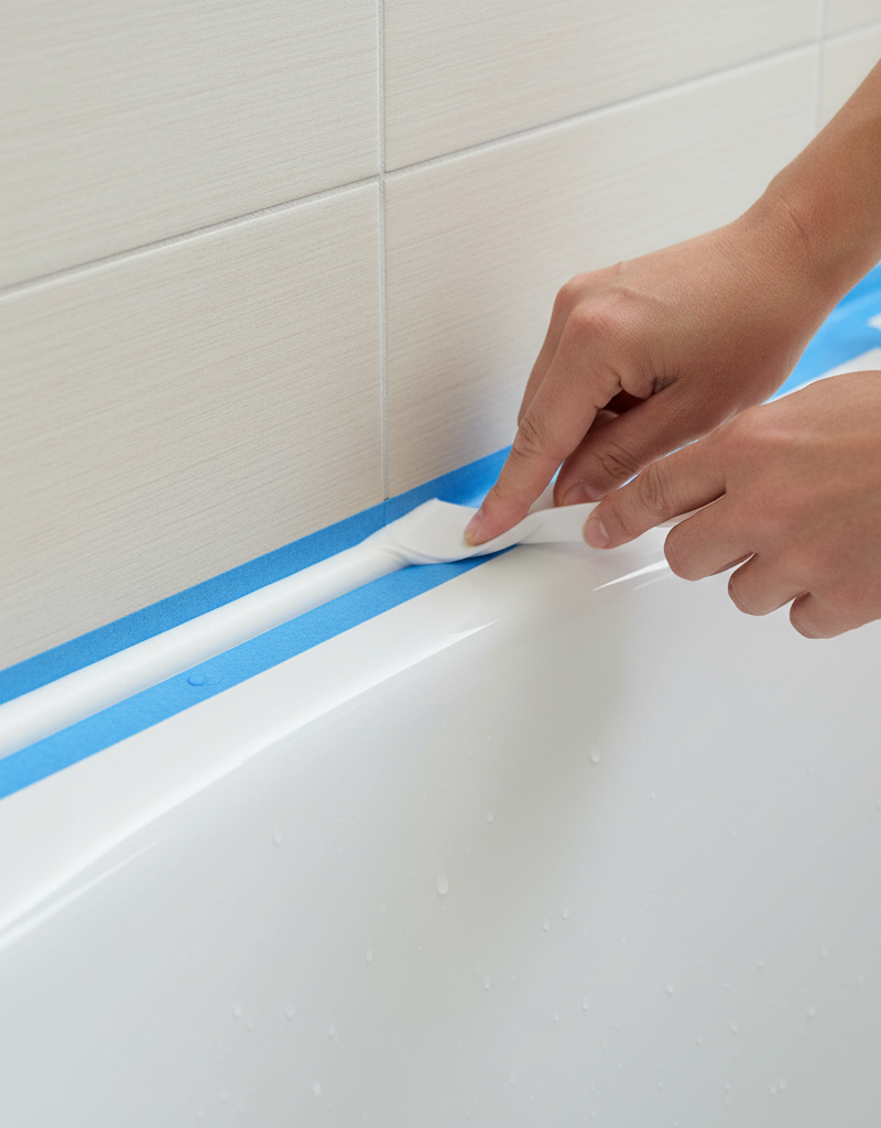 Hands tooling fresh white silicone caulk on a bathtub seam with blue painter's tape for clean lines