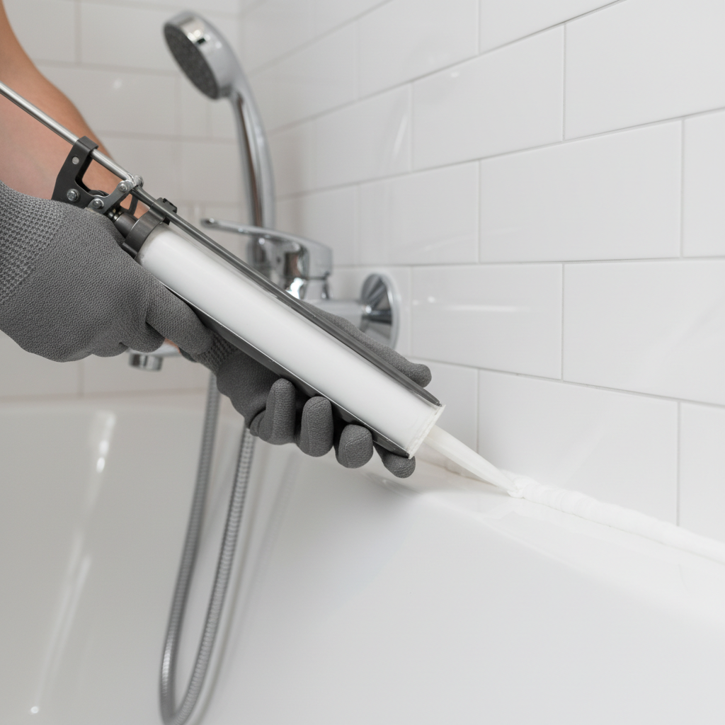 Person in gloves carefully applying a bead of fresh silicone caulk around a bathtub edge.