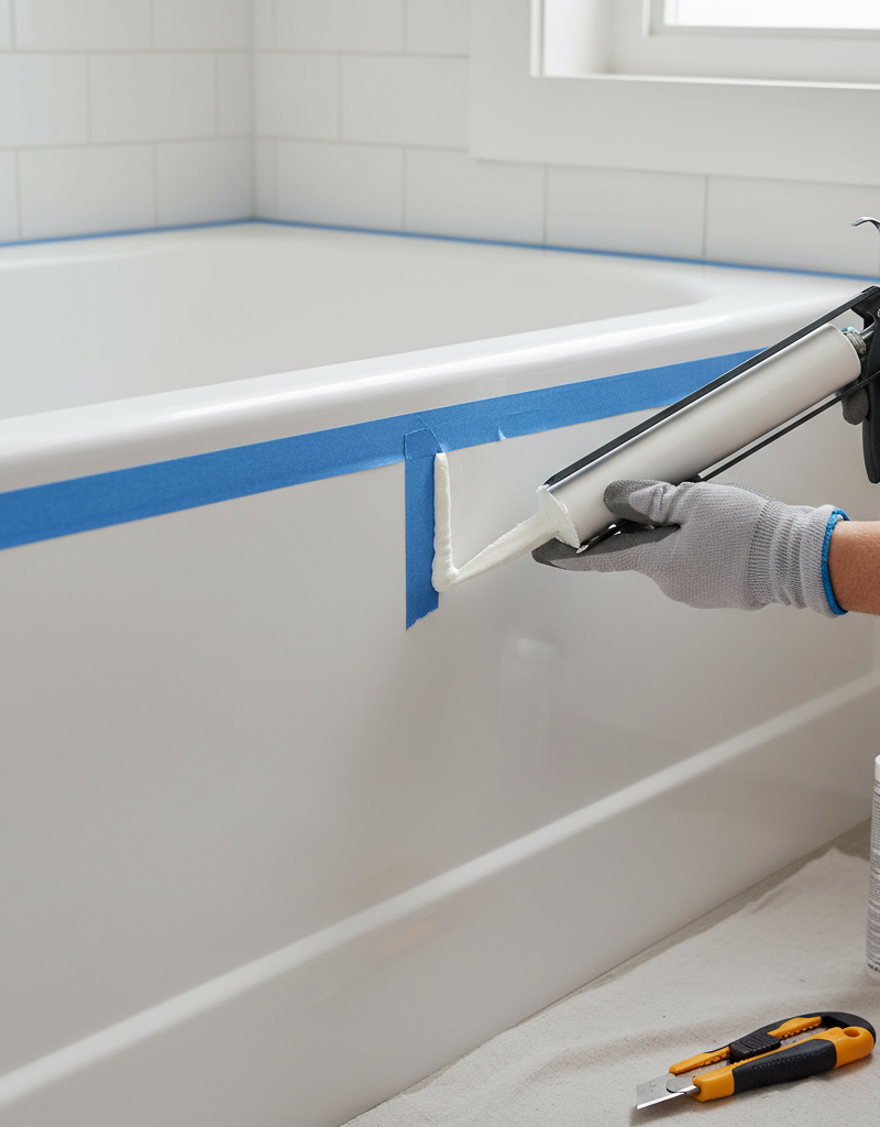 Homeowner applying white silicone caulk to a bathtub edge with painter's tape for clean lines
