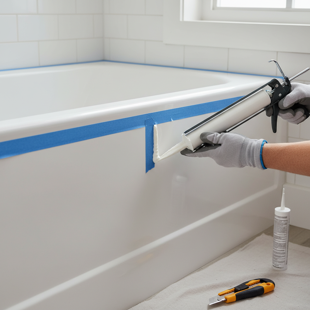 Homeowner applying white silicone caulk to a bathtub edge with painter's tape for clean lines