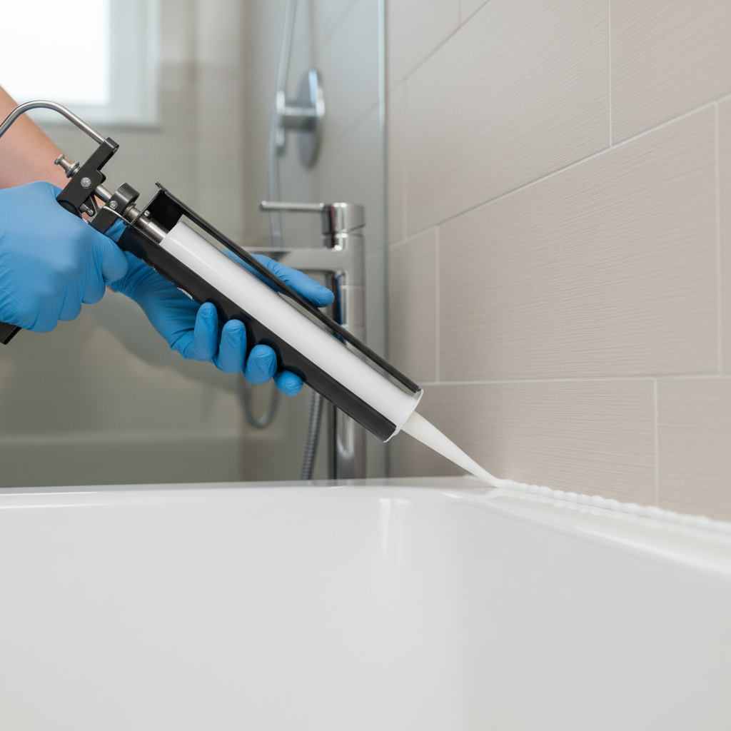 Hand applying a fresh bead of white caulk to a clean bathtub joint with a caulk gun.
