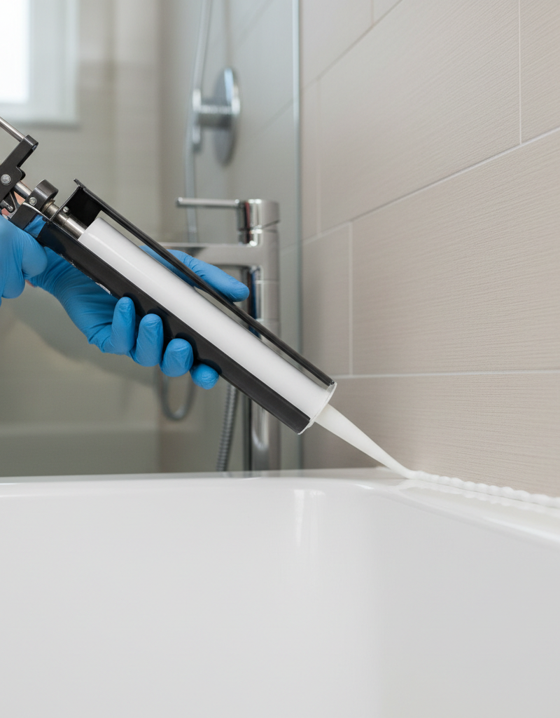 Hand applying a fresh bead of white caulk to a clean bathtub joint with a caulk gun.