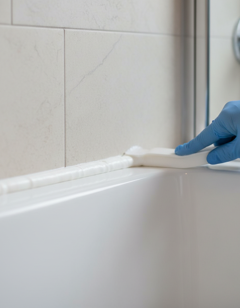 Freshly applied white silicone caulk being smoothed along a bathtub edge for a waterproof seal