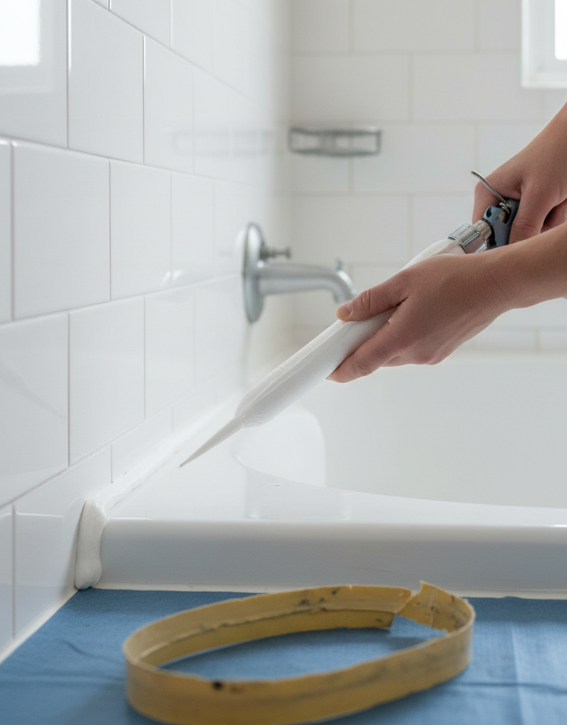 Close-up of a perfectly applied bead of fresh white silicone caulk on a bathtub edge.