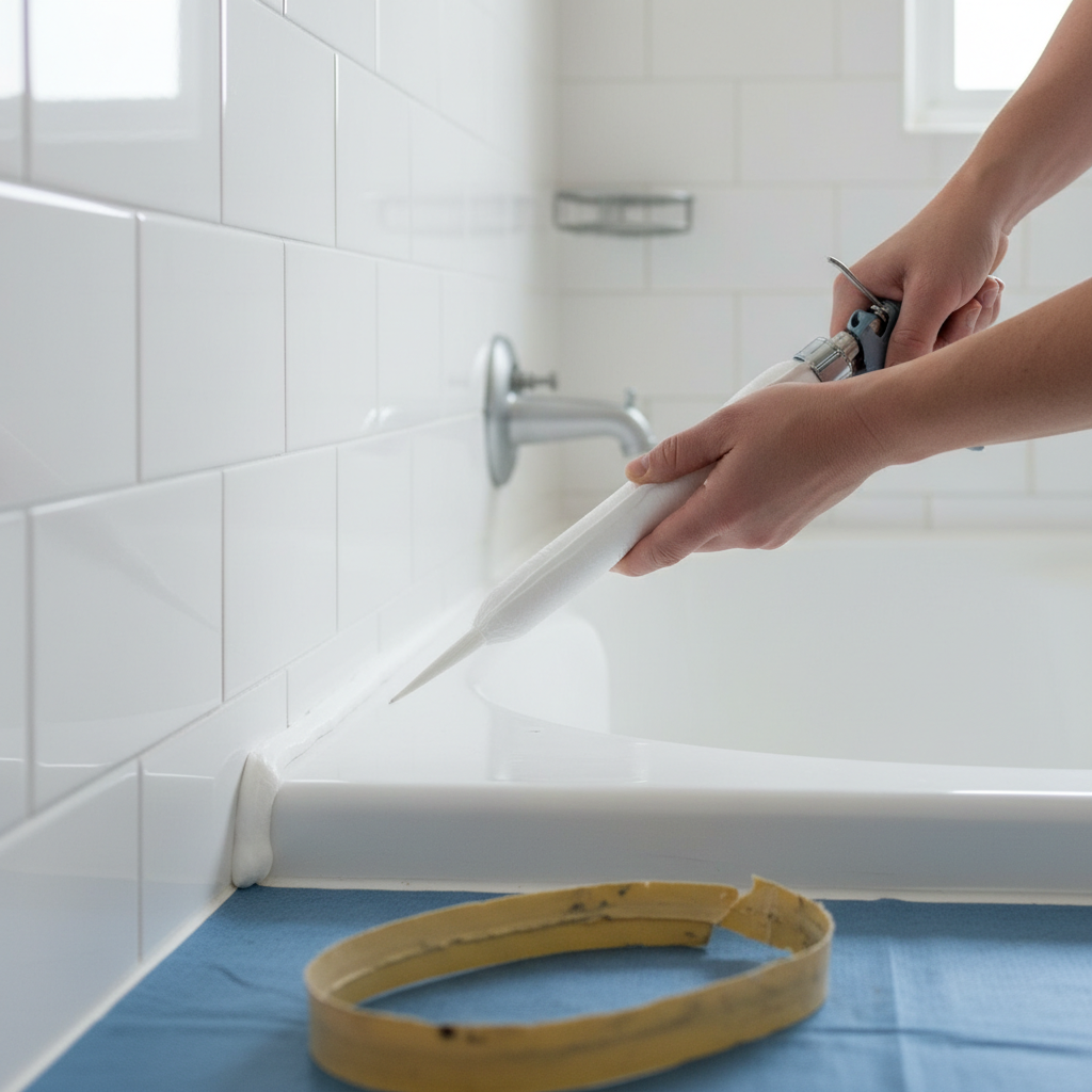 Close-up of a perfectly applied bead of fresh white silicone caulk on a bathtub edge.
