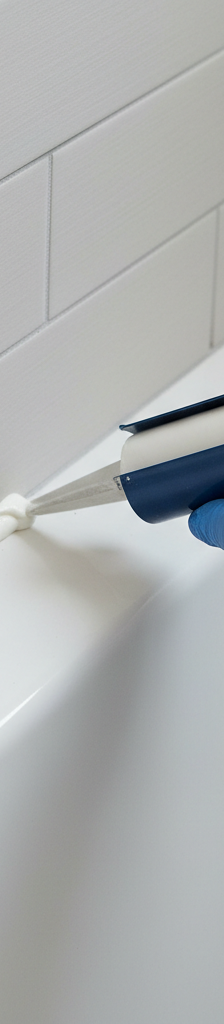 Person applying a smooth bead of white silicone caulk to a bathtub edge.