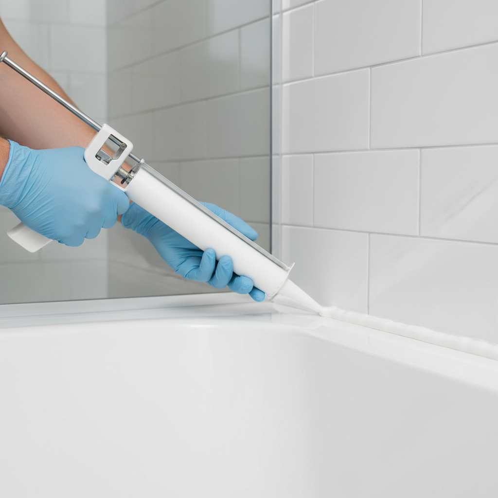 Close-up of hands applying a smooth, even bead of white silicone caulk to a clean bathtub and tile joint with a caulk gun.