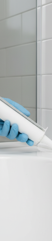 Close-up of hands applying a smooth, even bead of white silicone caulk to a clean bathtub and tile joint with a caulk gun.