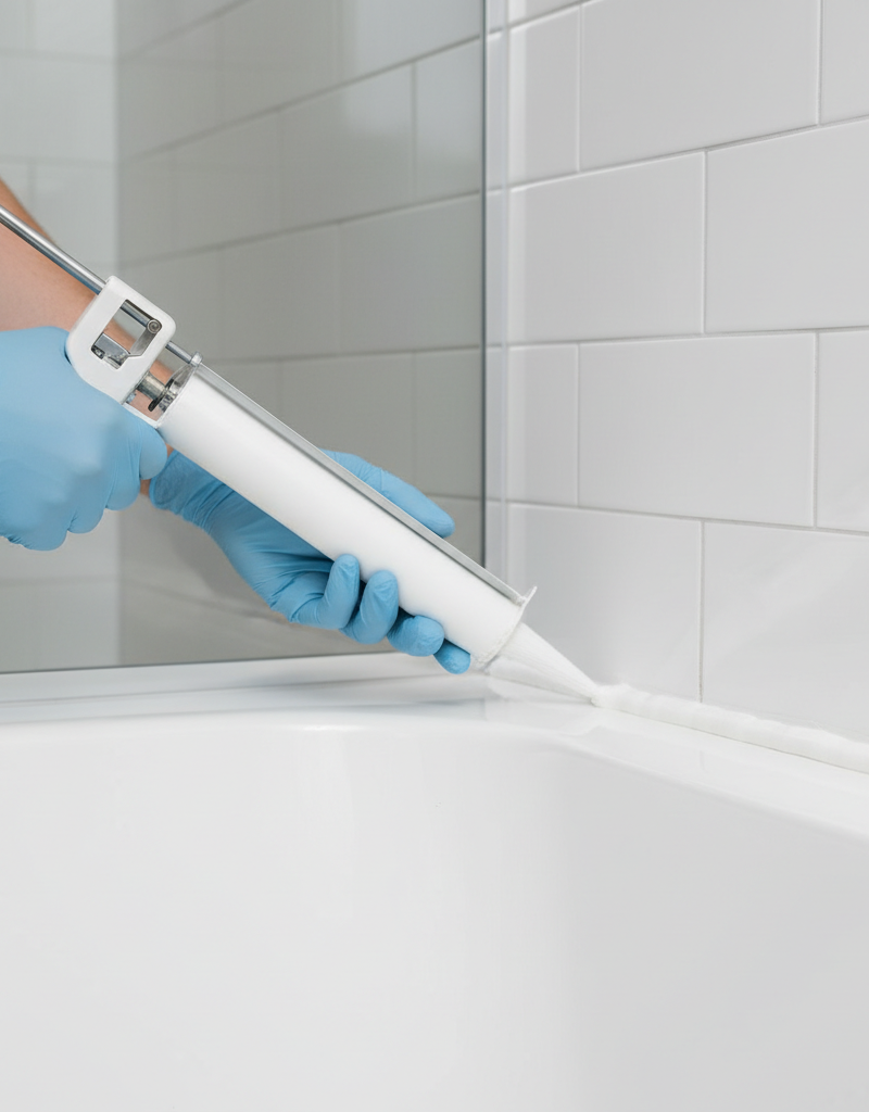 Close-up of hands applying a smooth, even bead of white silicone caulk to a clean bathtub and tile joint with a caulk gun.