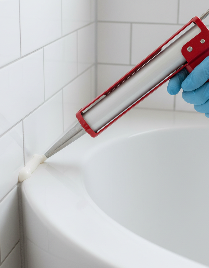 Applying a smooth, white caulk bead between a ceramic bathtub and tile wall with a caulk gun