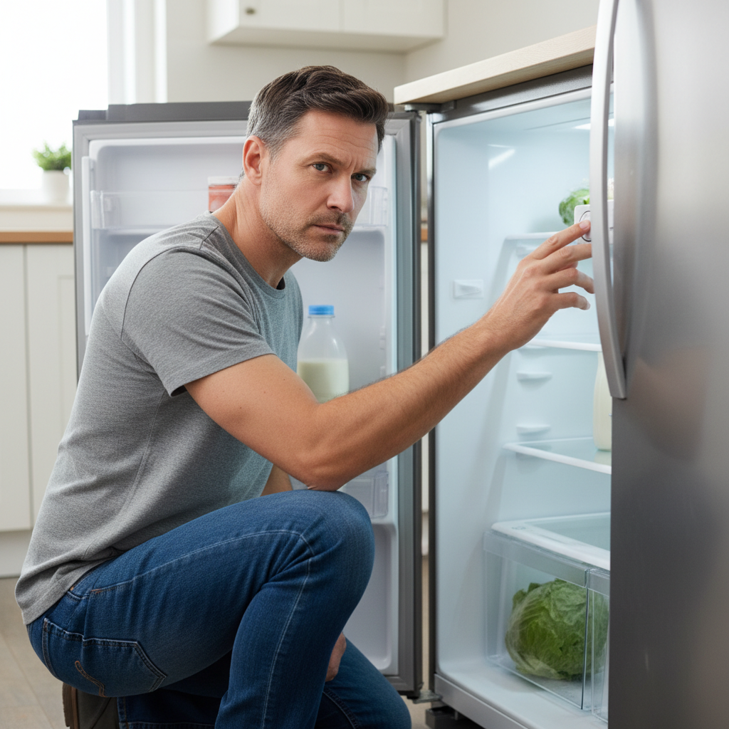 Man checking refrigerator temperature dial with frosted lettuce inside