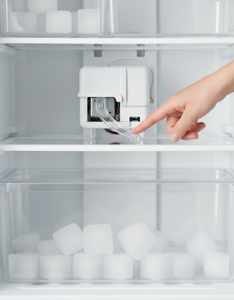 Hand checking the feeler arm inside a modern refrigerator ice maker that is not making ice.