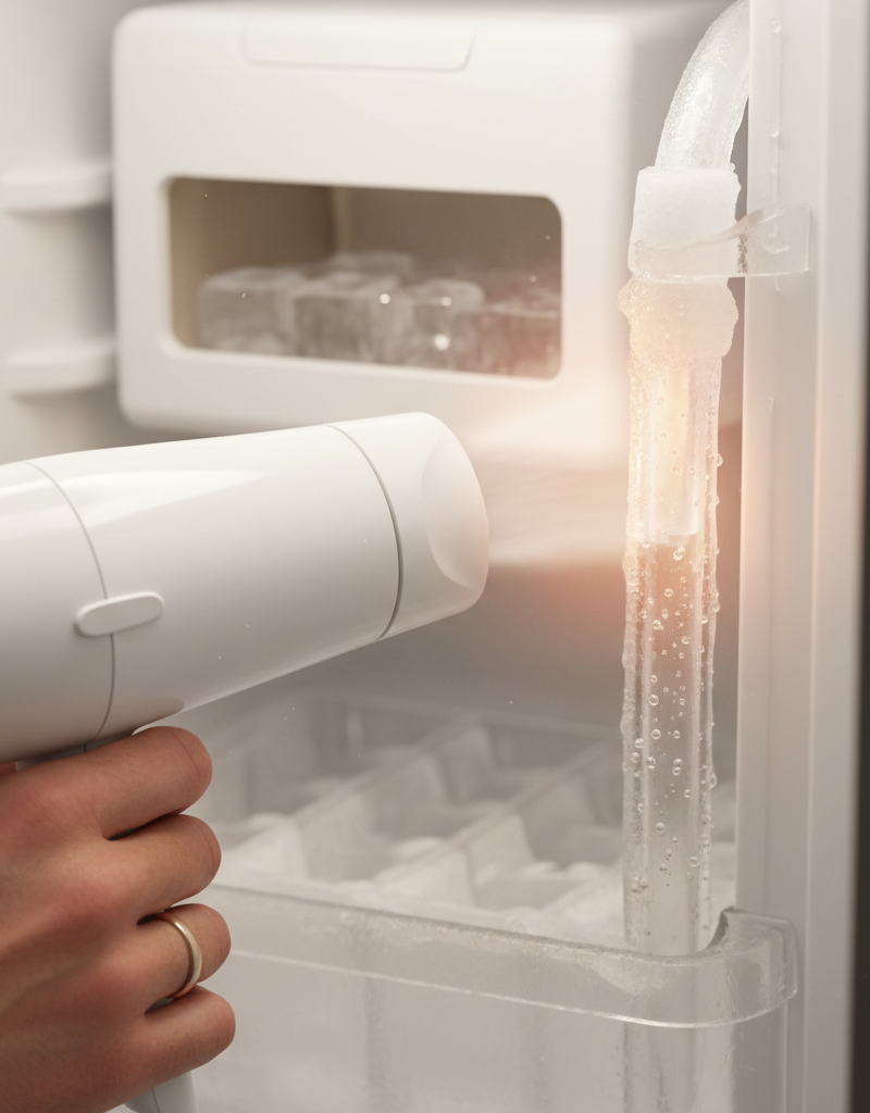 Hand gently thawing a frozen ice maker fill tube with a hairdryer in a freezer.