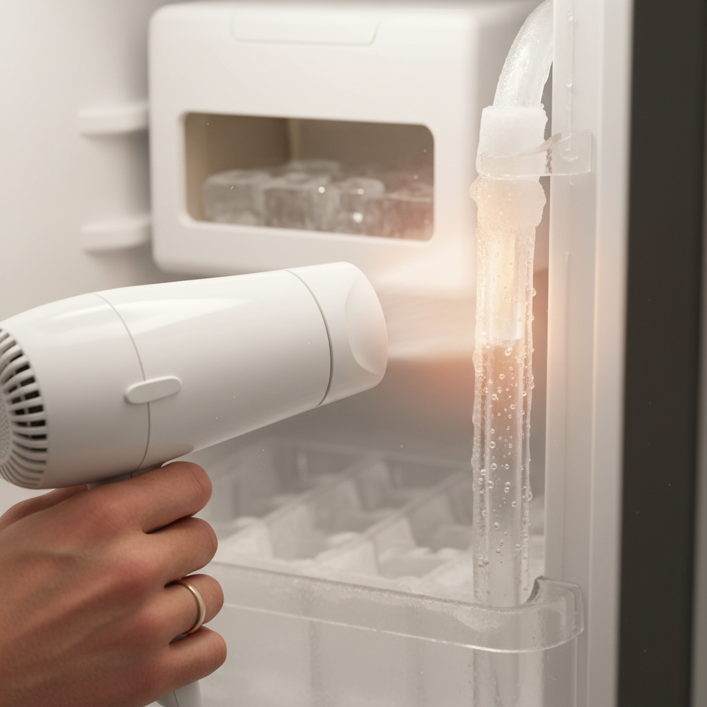 Hand gently thawing a frozen ice maker fill tube with a hairdryer in a freezer.