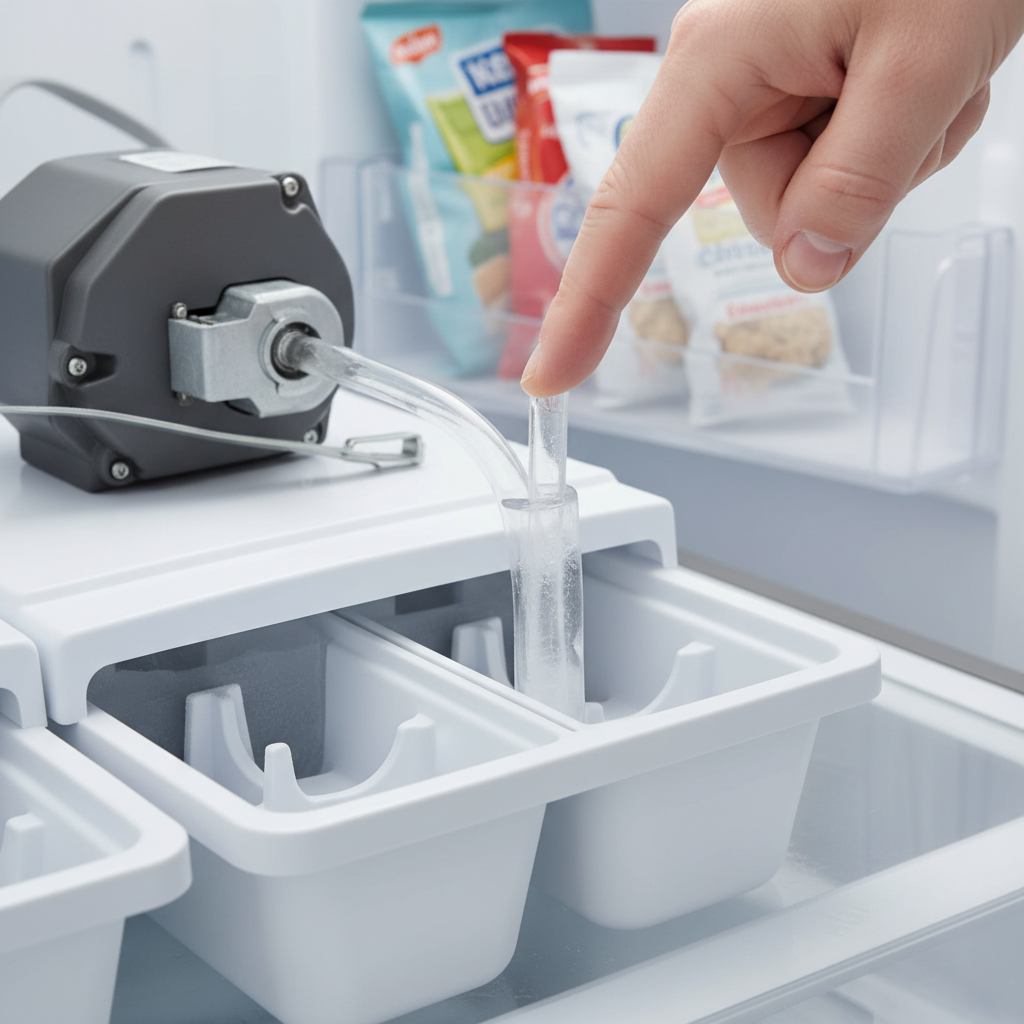 Homeowner inspecting and clearing a frozen water fill tube inside a refrigerator ice maker unit.