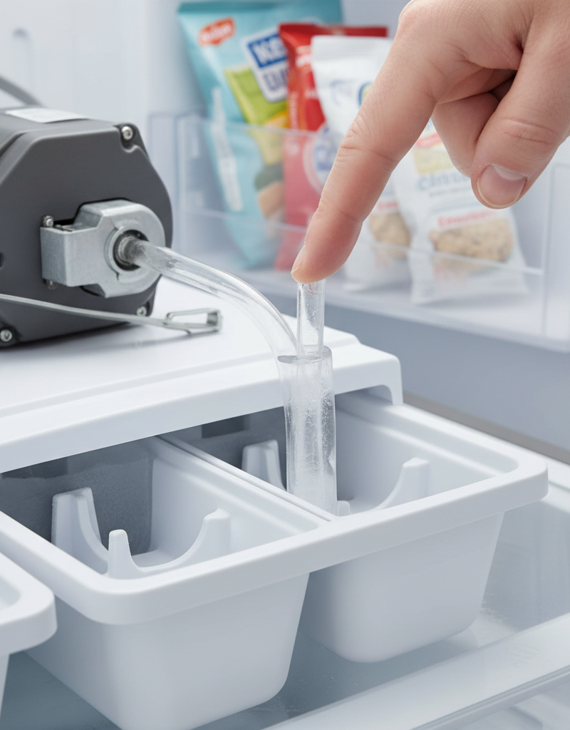 Homeowner inspecting and clearing a frozen water fill tube inside a refrigerator ice maker unit.