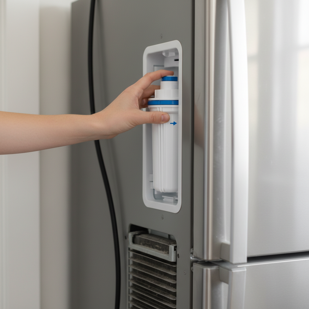 Hand removing a clogged water filter from a refrigerator to fix an ice maker